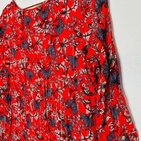 ba&sh Women's Red Floral Boho Babydoll Floral Print Smocked Mini Dress Size 2